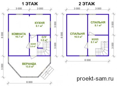 план 2-х этажного дачного домика 6x9
