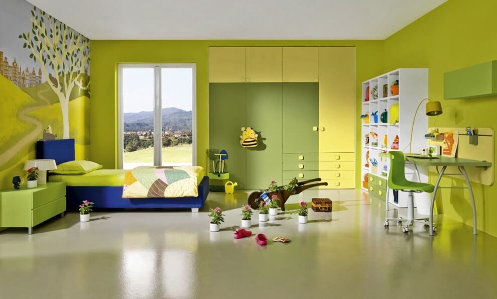 Сочетание желтого и зеленого в интерьере детской комнаты