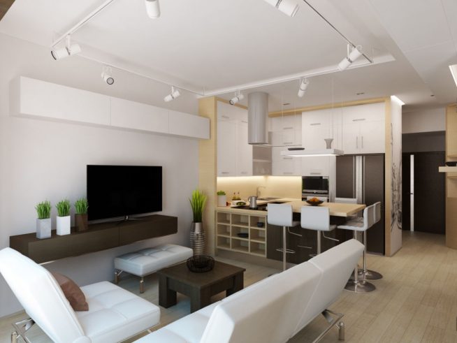 Зона отдыха и столовой в гостиной квартиры-студии