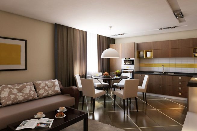 Гостиная с обеденной зоной в коричневых тонах