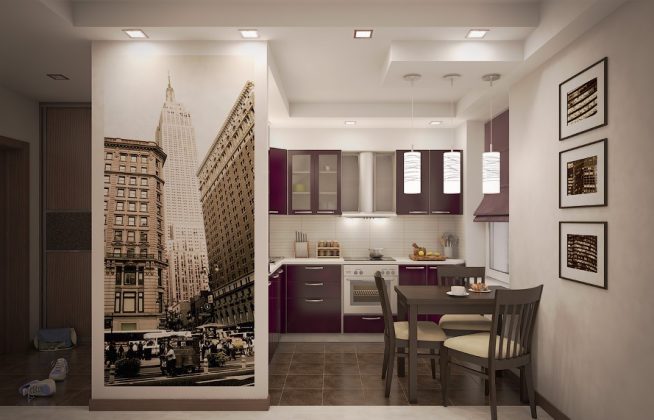 Фотообои на простенке между прихожей и кухней