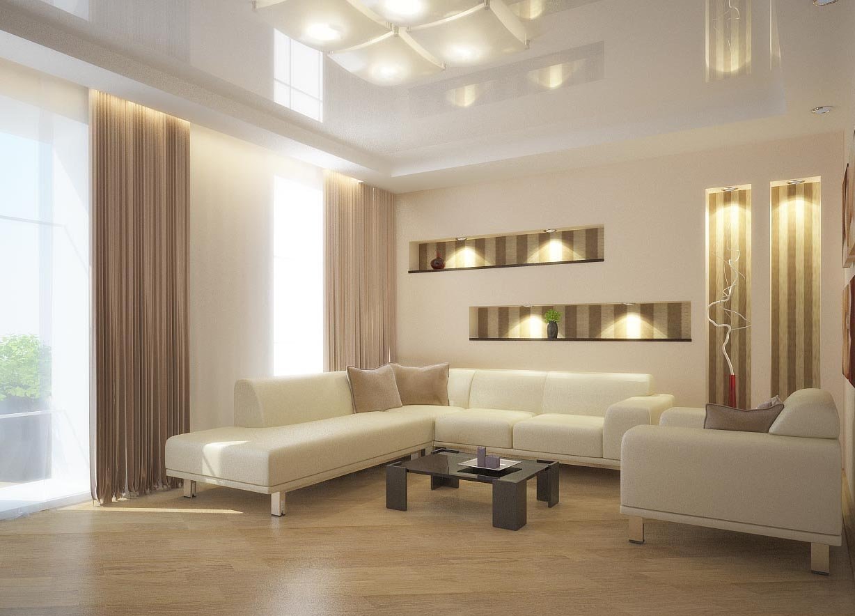 Дизайн гостиной с натяжным потолком