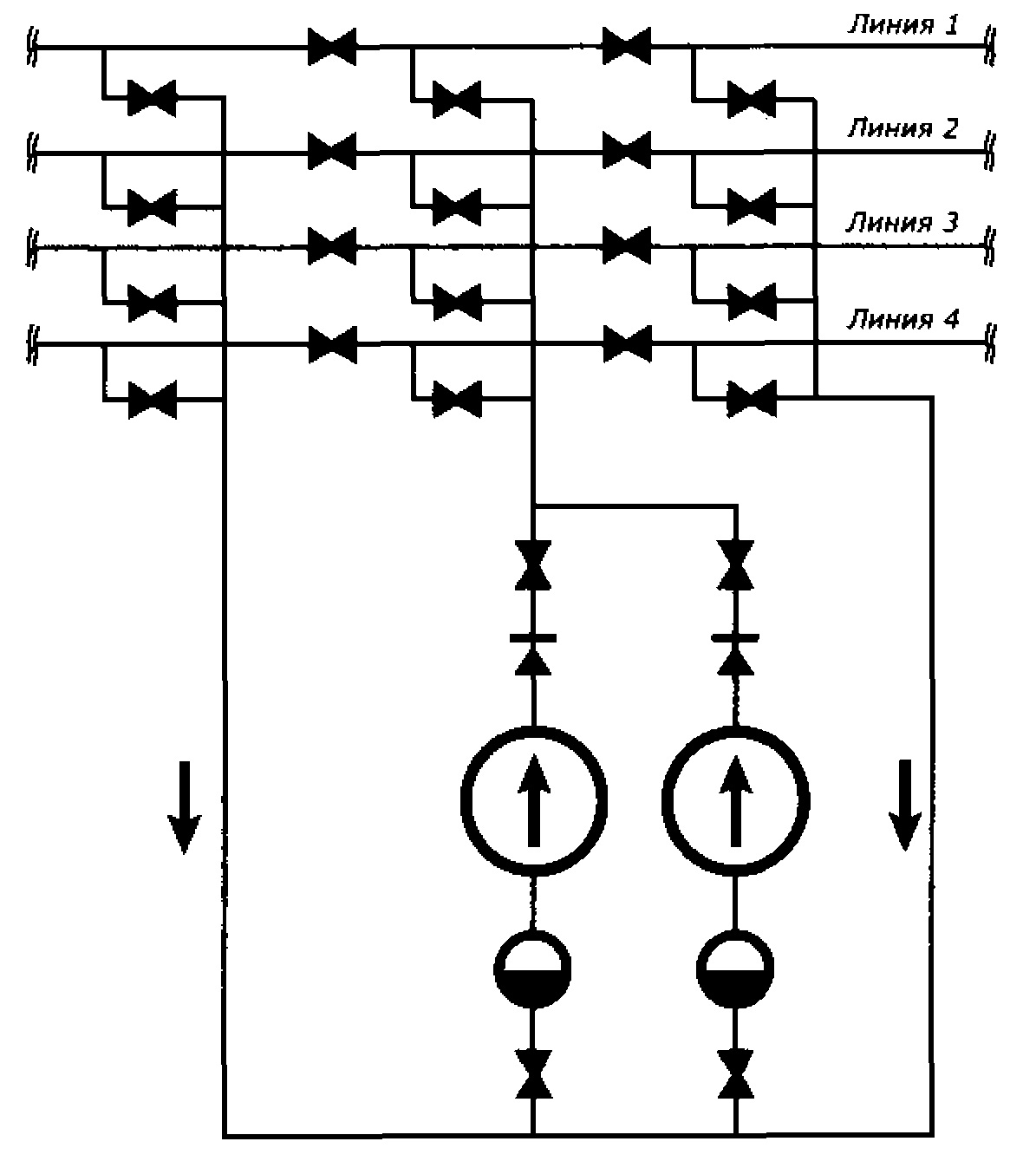 Схема обвязки насосов с трубопроводными линиями проходного вида
