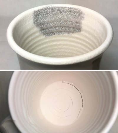 A porcelain cup with serious crazing and base crack concentric to the center