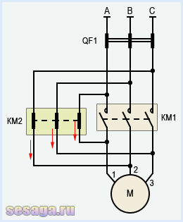 Обвязка силовых контактов магнитного пускателя КМ2
