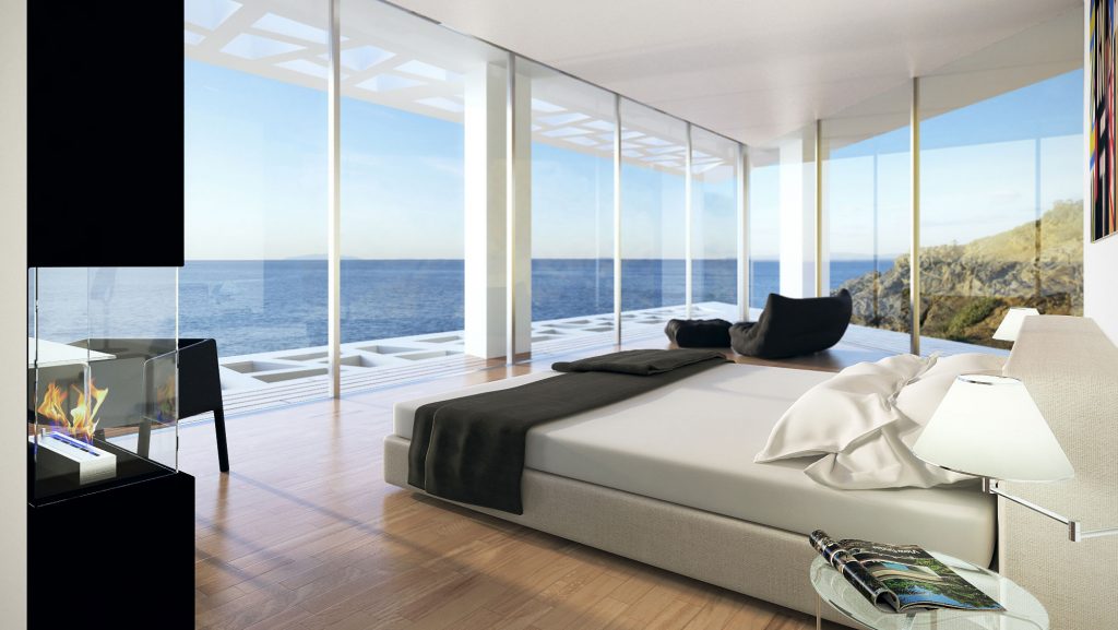 кровать в комнате с панорамой