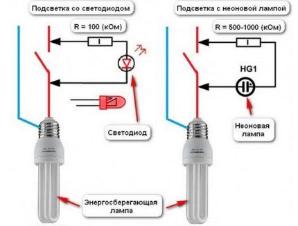 Схемы выключателей с светодиодом и неоновой лампой