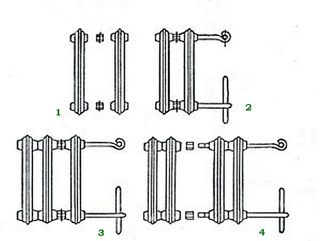 Как секции собираются в единую батарею - схематично: