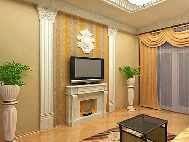 Двойное применение молдингов в едином стилевом решении – выступающие из стены колонны и имитация камина
