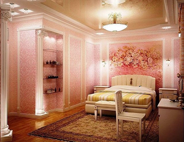 Отлично смотрятся аккуратные белые молдинги на нежных тонах отделки в романтическом стиле