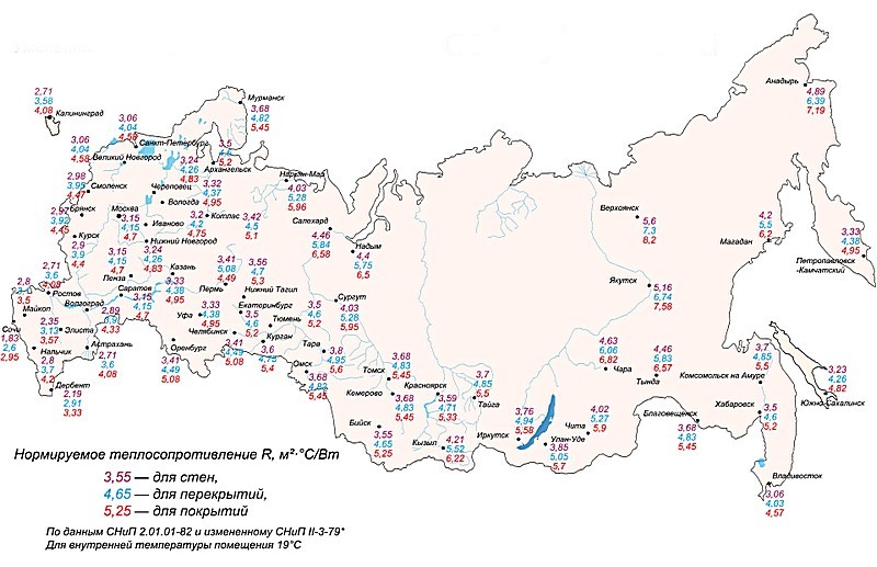 Карта-схема для определения нормированного значения сопротивления теплопередаче по регионам России.