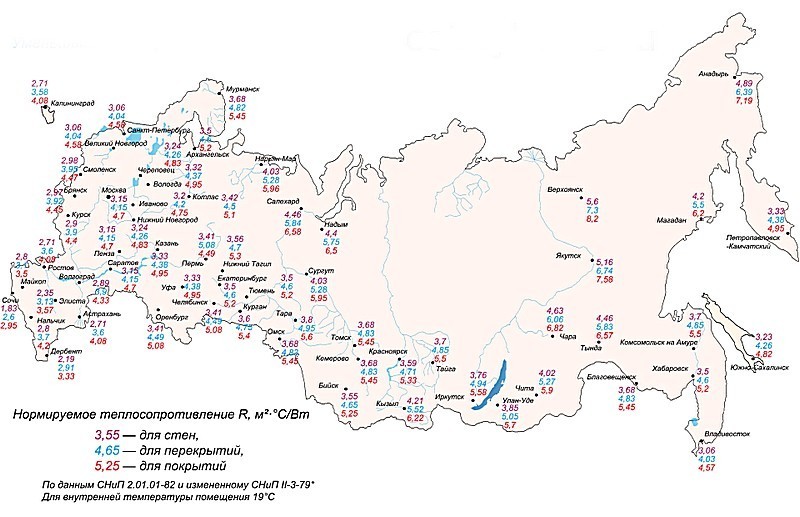 Карта с проставленными значениями нормированного сопротивления теплопередаче. При необходимости более точные значения для своего города (области) можно определить интерполяцией.
