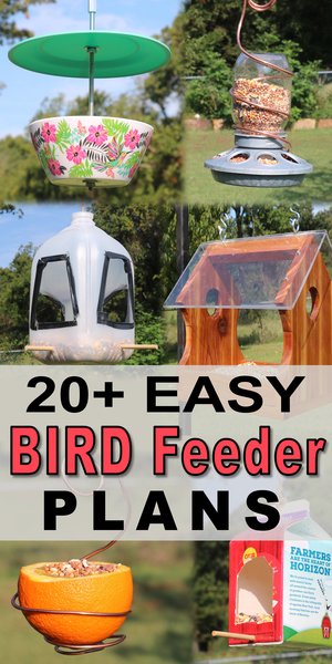 DIY Homemade Bird Feeder Plans - including recycled milk cartoons, toilet paper rolls, pine cones, suet feeders, platform, and hanging feeders.