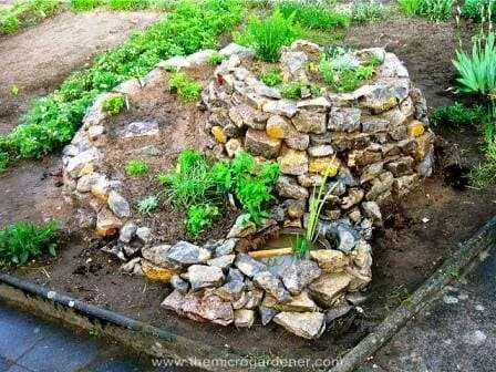 Herb spiral planted out with a pond. 