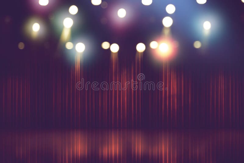Blurred theater stage with red curtains and spotlights, royalty free stock photos