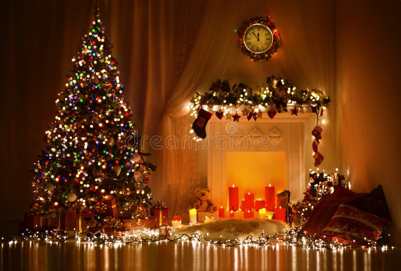 Christmas Tree Fireplace Lights, Decorated Xmas Living Room, Night Interior. Christmas Tree Fireplace Lights, Decorated Xmas Living Room, Night House Interior royalty free stock image