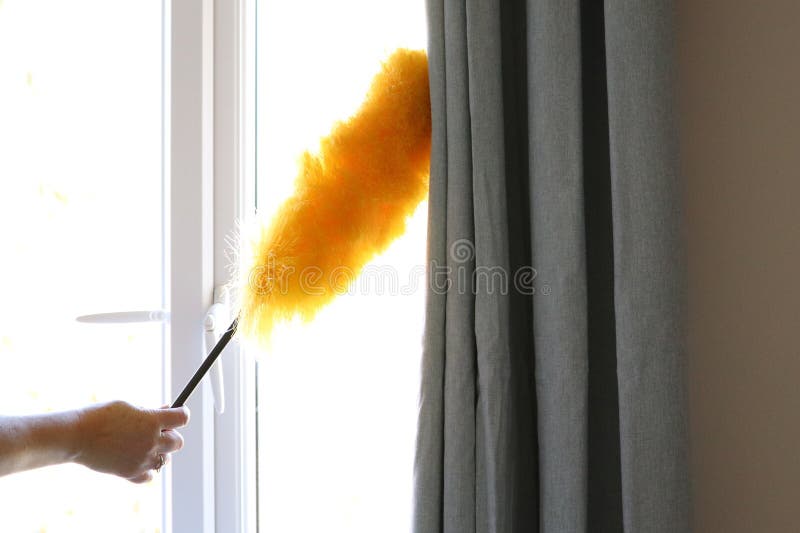 Cleaning the window and curtains area with a fluffy yellow duster royalty free stock photography