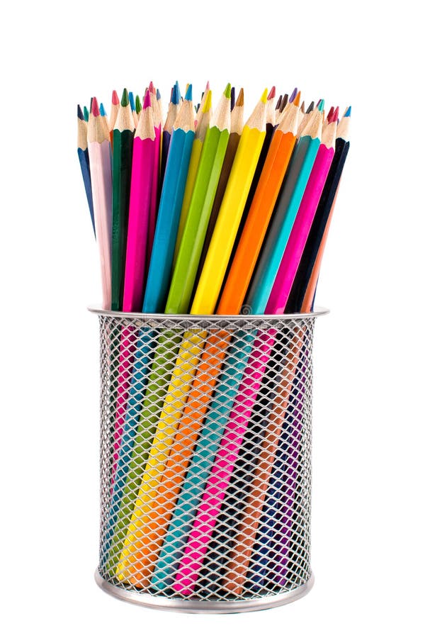 Colored pencils in a glass isolated on a white background stock photos