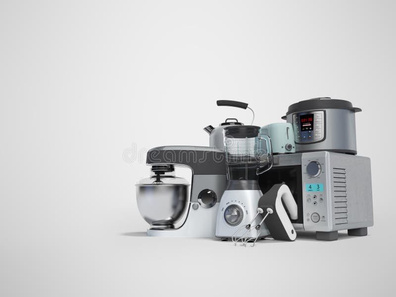 Concept set of household appliances for the kitchen pressure cooker blender mixer electric kettle 3d render on gray background stock illustration