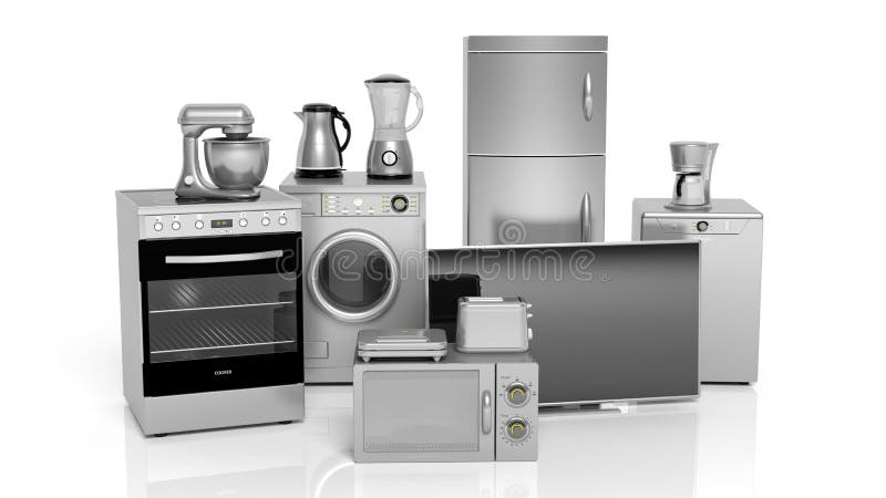 3d rendering set of household appliances on white background vector illustration