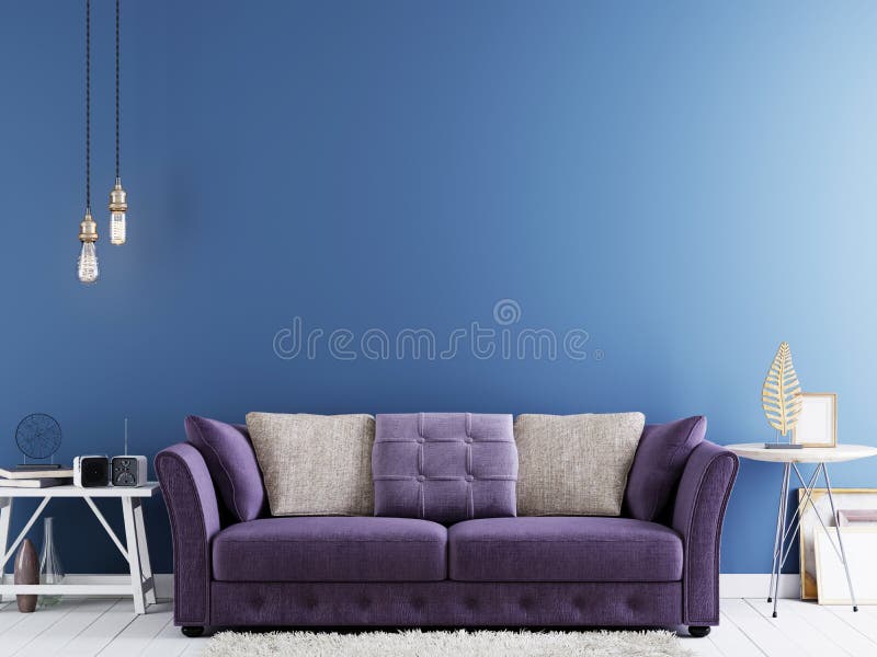 Empty wall for mock up on a blue wall in modern hipster interior with violet sofa and white table. vector illustration