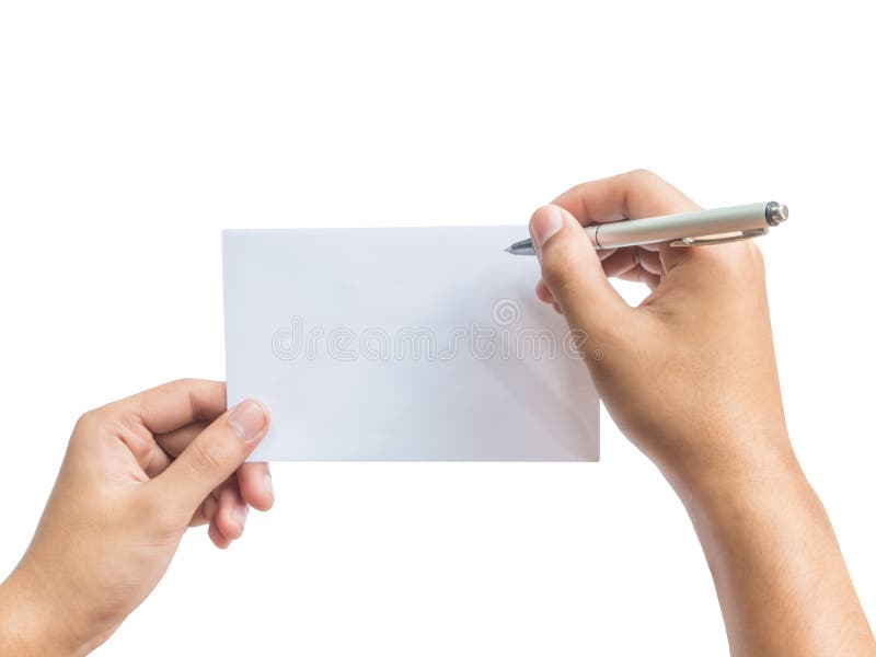 Hand holding pen and envelope isolated royalty free stock photography