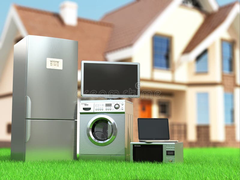 Home appliances. Tv, refrigerator, microwave, laptop and washin stock illustration