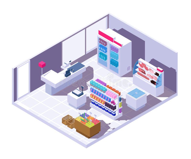 Isometric supermarket interior. 3d grocery store with food products royalty free illustration