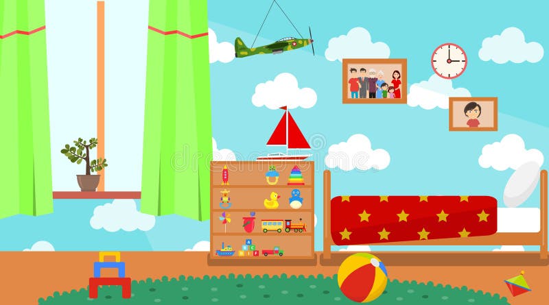 Kindergarten room. Empty playschool room with toys and furniture. Cartoon kids bedroom interior. Home childrens room with kid bed stock illustration