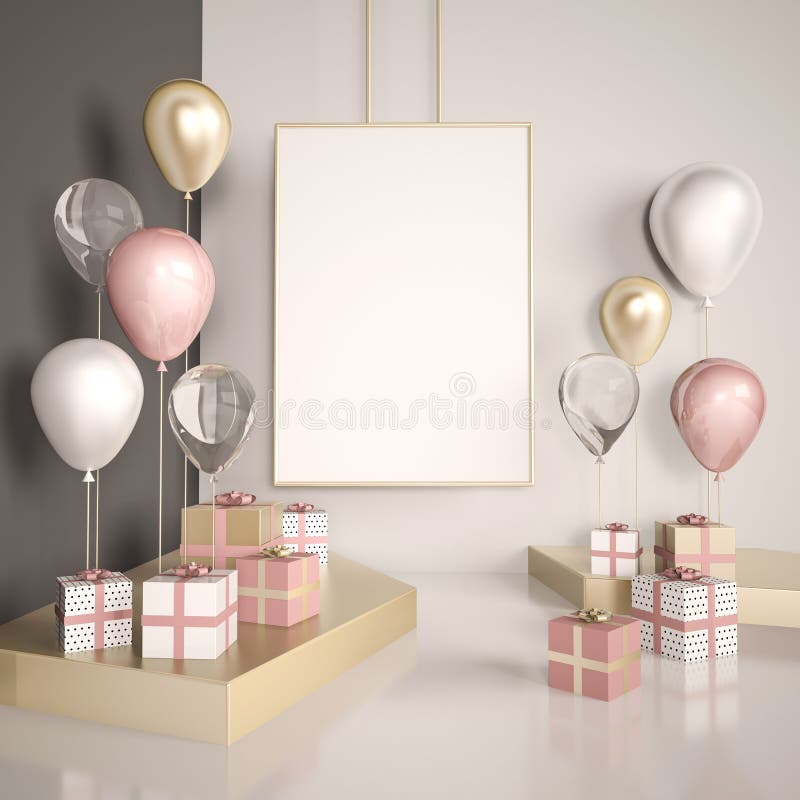 Poster mock up 3d render interior scene. Pastel pink and gold balloons with gift boxes on the white floor. Glass and metal element vector illustration