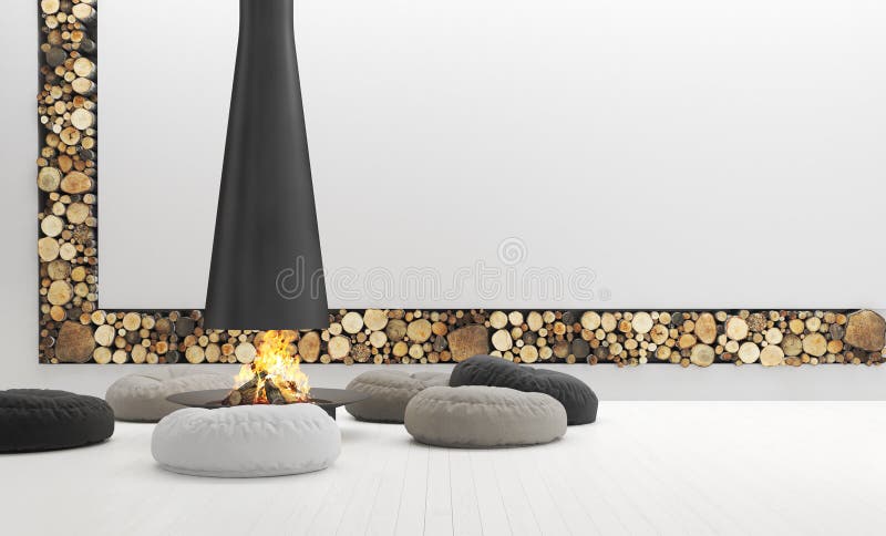 Spacious white living room with modern fireplace, lounge are stock photo