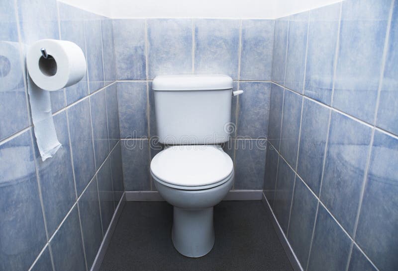 Toilet with Aqua Blue Tiles. Direct, head-on shot of closed-lidded toilet with hanging toilet roll and aqua blue tiles royalty free stock photo