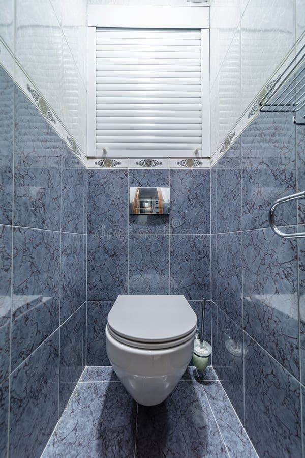 Toilet room with white bowl blue tile. Toilet bowl in the toilet room. Restroom with blue tile decoration stock images