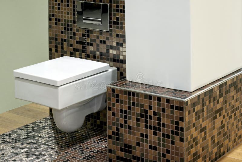 Toilet and tiles. Square shape of geometric toilet and brown tiles royalty free stock image