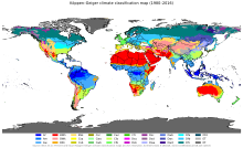 Map of world dividing climate zones, largely influenced by latitude. The zones, going from the equator upward (and downward) are Tropical, Dry, Moderate, Continental and Polar. There are subzones within these zones.