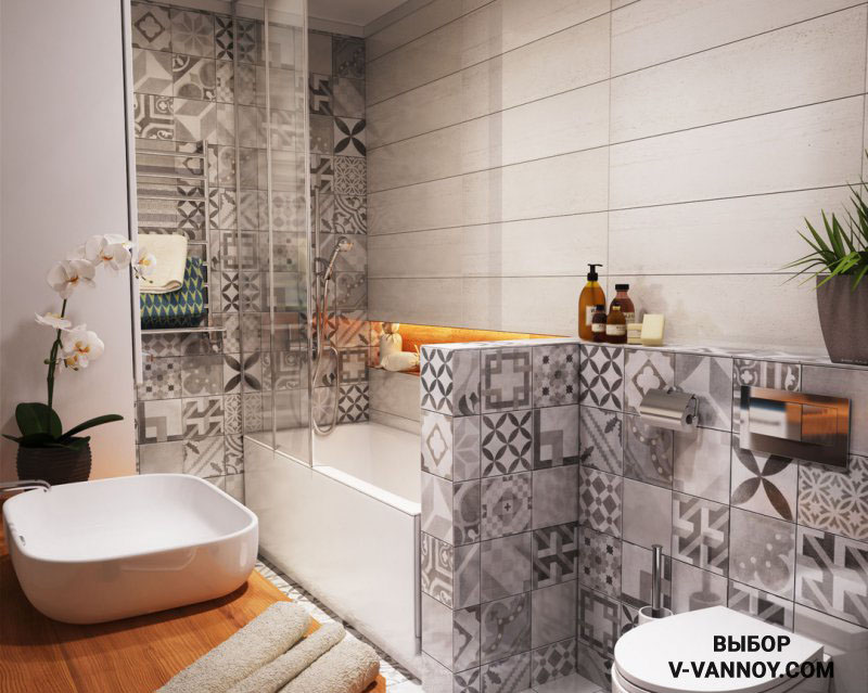 За счет нейтрального серого фона, монохромный печворк не выглядит пестро, несмотря на большую площадь облицовки. Деревянная текстура делает современный стиль в помещении более уютным. За счет нейтрального серого фона, монохромный печворк не выглядит пестро, несмотря на большую площадь облицовки. Деревянная текстура делает современный стиль в помещении более уютным.