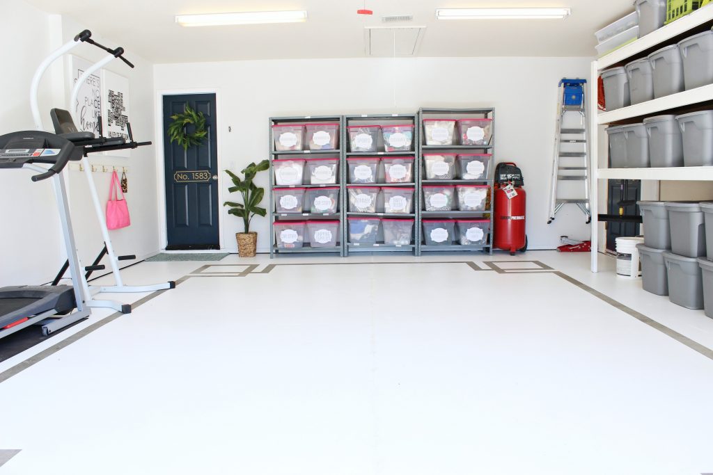 Organized garage with concrete floor paint design