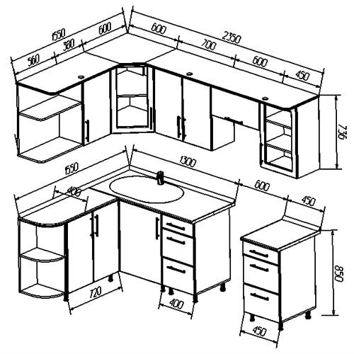 Схема кухни угловой с размерами и размещением