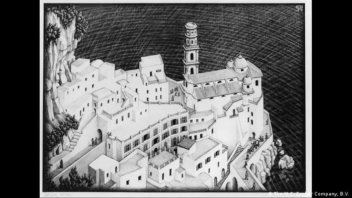 Sketch of a white cliffside village (The M.C. Escher Company, B.V.)