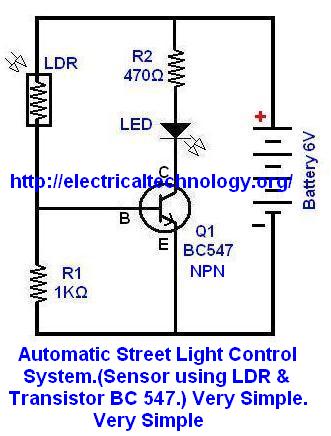 Automatic Street Light Control System using LDR & Transistor BC 547 Schematic Diagram
