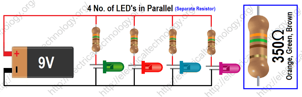 Formula for finding the value of resistor(s) for connecting LED’s in Parallel With Separate resistor