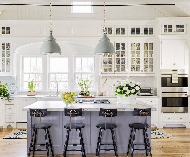 Kitchen Lighting.The large-scale pendants over the island create a stylish focal point. The island pendants are Rover Light from Ann-Morris in New York. Large-scale gray pendants with polished metal chains create a primary focal point above the island. #kitchenlighting #kitchen #lighting Nancy Serafini Interior Design