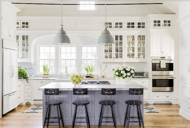 Classic American Kitchen with white cabinets painted in Benjamin Moore White Dove and grey kitchen island painted in Soft Moodiness Farrow and Ball #Classickitchen #kitchen #Kitchenpaintcolor #whitekitchen #greyisland #paintcolor #ClassicAmericanKitchen Nancy Serafini Interior Design