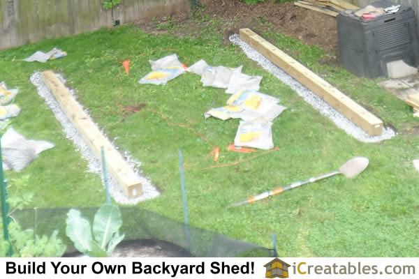 Garden shed foundation rails on gravel bed