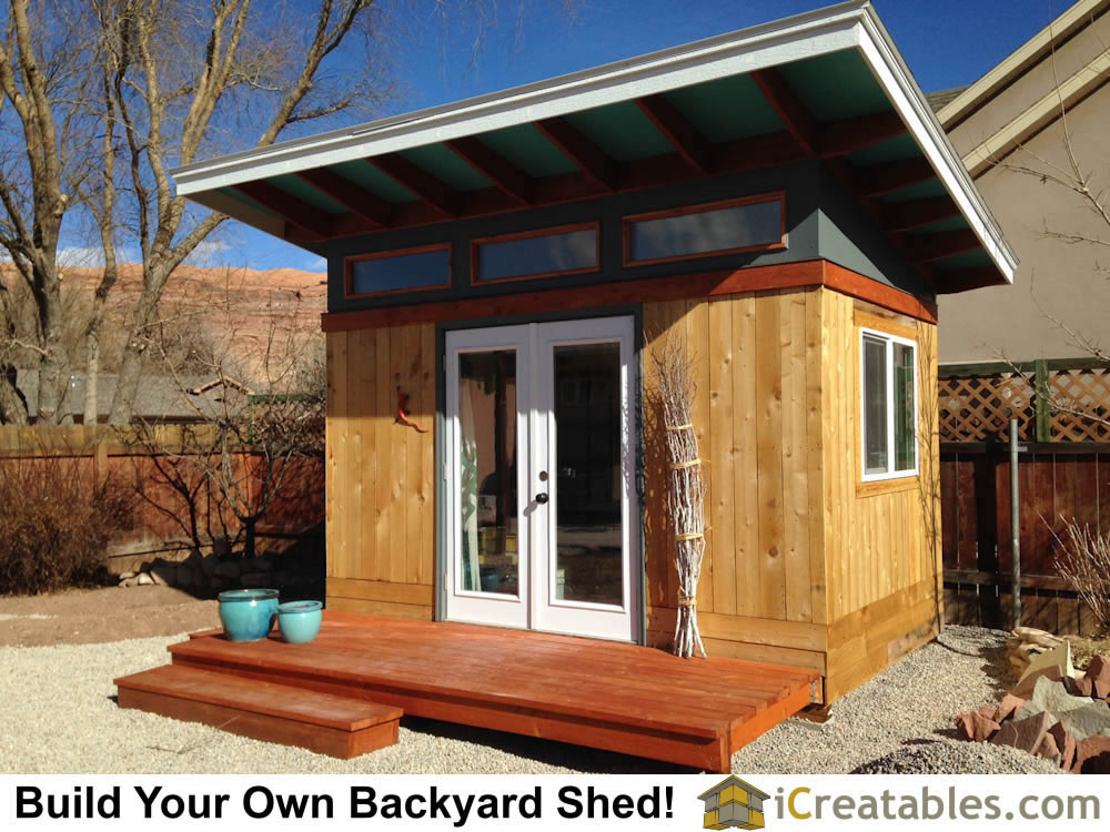 Modern shed plan with wood deck. 