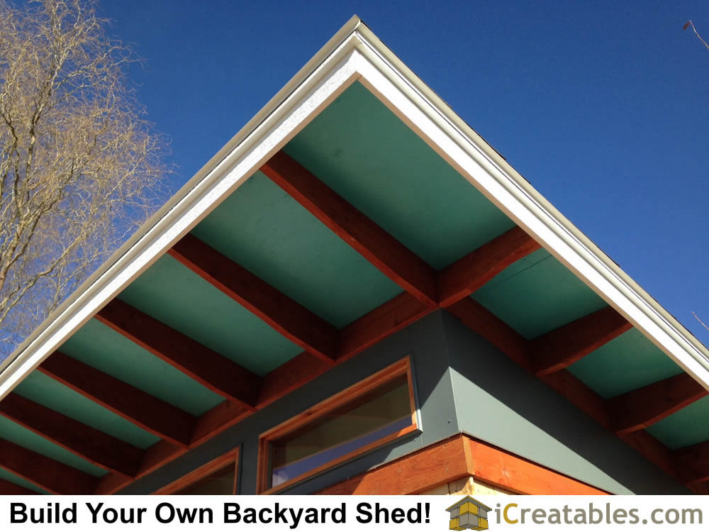 Roof detail on modern shed with long overhangs.
