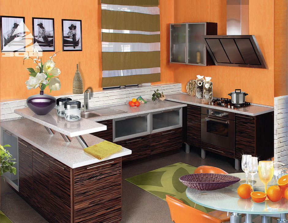 Персиковый цвет обоев в кухонном интерьере﻿ 